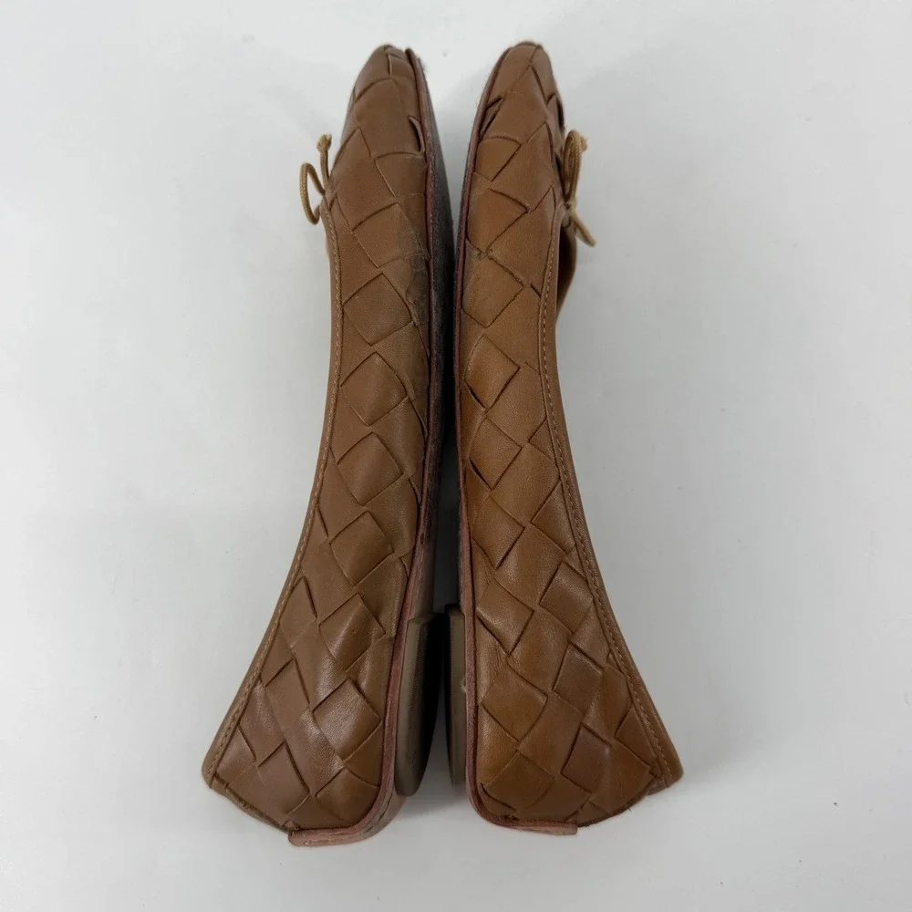 Tory Burch Carlyle Woven Leather Ballet Flats Brown Bow Logo Women's 7M